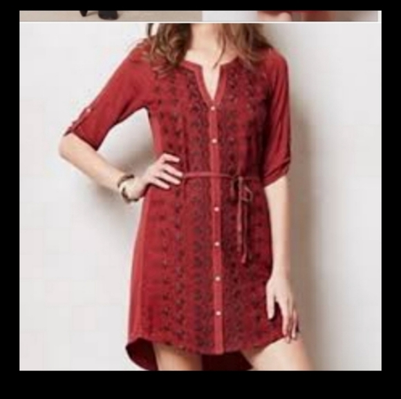 Anthropologie Tiny Burgundy Maroon Embroidery Button Down Belted Dress M - Picture 2 of 12